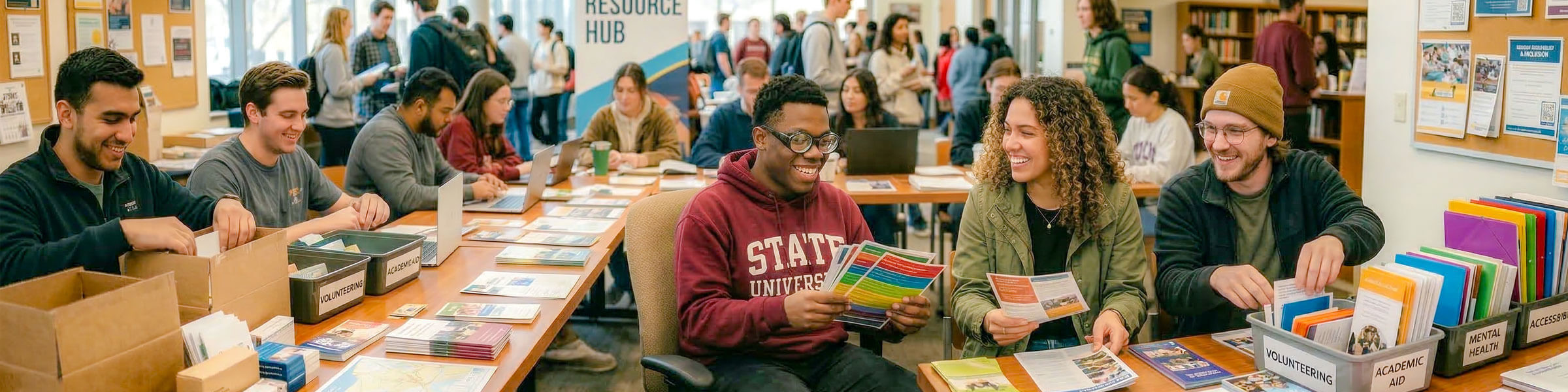A smiling group of college students pore through a room full of college resources.