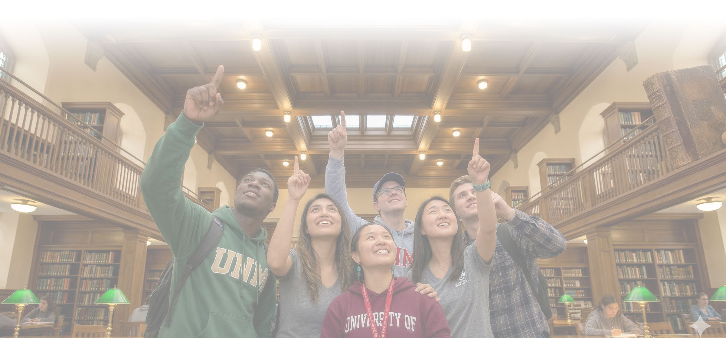 A group of college students gaze and point upward at the resources available above their heads.